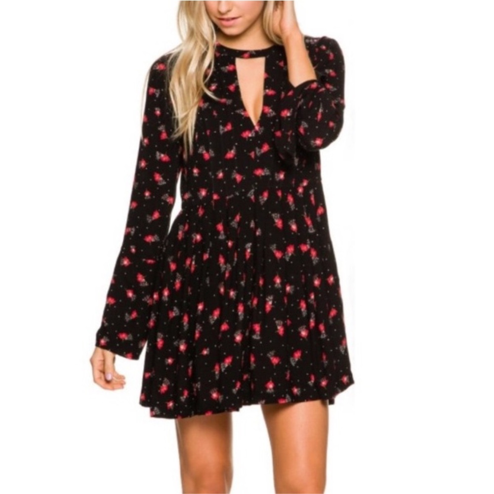 Free People Teagan Black Red Floral Keyhole Long Sleeve Mini Dress 4